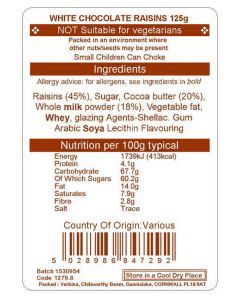 WHITE CHOCOLATE RAISINS 125G