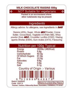 MILK CHOCOLATE RAISINS 500G