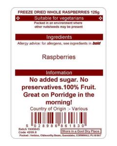 FREEZE DRIED WHOLE RASPBERRIES 125G