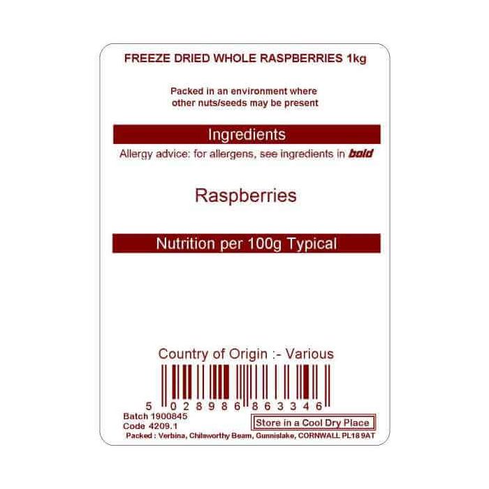 FREEZE DRIED WHOLE RASPBERRIES 1KG