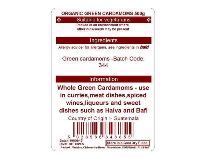 CARDAMOM WHOLE GREEN 500G(ORGANIC)